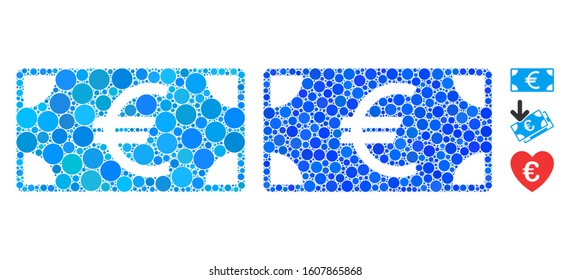 Euro banknote composition of small circles in various sizes and color tinges, based on Euro banknote icon. Vector small circles are grouped into blue composition.