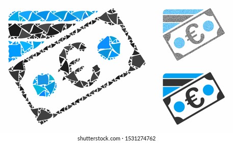 Euro banknote and credit card composition of rugged items in variable sizes and color tones, based on Euro banknote and credit card icon. Vector rough items are grouped into composition.