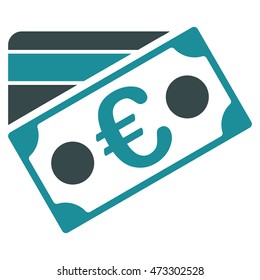 Euro Banknote and Credit Card icon. Vector style is bicolor flat iconic symbol with rounded angles, soft blue colors, white background.