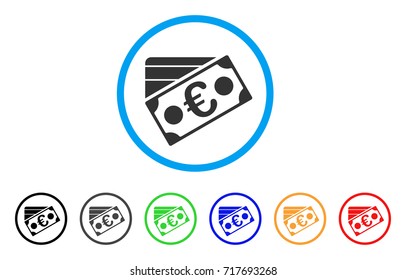 Euro Banknote And Credit Card rounded icon. Style is a flat euro banknote and credit card gray symbol inside light blue circle with black, gray, green, blue, red, orange versions.