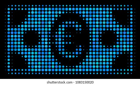 Euro banknote halftone vector icon. Illustration style is dotted iconic euro banknote symbol on a black background. Halftone structure is created with round cells.