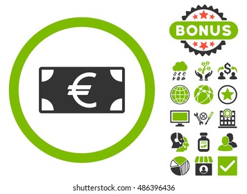 Euro Banknote icon with bonus elements. Vector illustration style is flat iconic bicolor symbols, eco green and gray colors, white background.