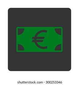 Euro Banknote icon. This flat rounded square button uses green and gray colors and isolated on a white background.