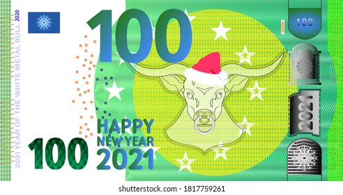 Euro banknote with the inscription Happy New Year 2021. The head of a horned white bull wearing a Santa Claus cap. EPS10