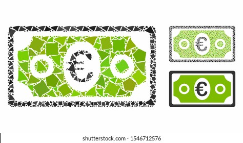 Euro banknote mosaic of inequal parts in different sizes and color tinges, based on euro banknote icon. Vector rough parts are grouped into collage. Euro banknote icons collage with dotted pattern.