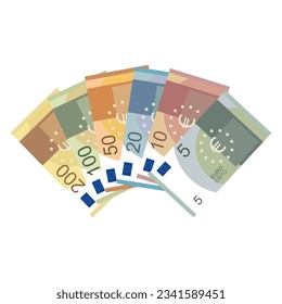 Euro banknote set. Five, ten, twenty, fifty, one hundred and two hundred euros. Vector illustration.