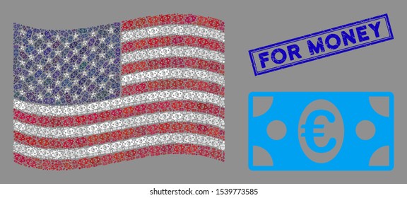 Euro banknote symbols are organized into American flag mosaic with blue rectangle corroded stamp watermark of For Money text.