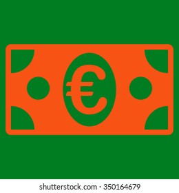 Euro Banknote vector icon. Style is flat symbol, orange color, rounded angles, green background.