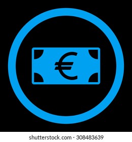 Euro banknote vector icon. This flat rounded symbol uses blue color and isolated on a black background.