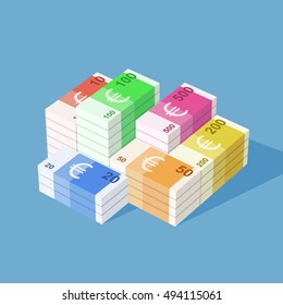 Euro banknotes. Big stack of money. Simple, flat style. Graphic vector illustration.