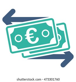 Euro Banknotes Change icon. Vector style is bicolor flat iconic symbol with rounded angles, cobalt and cyan colors, white background.