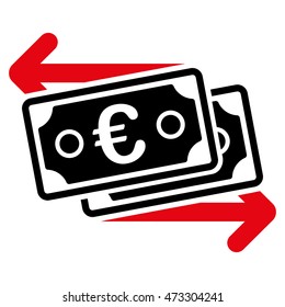 Euro Banknotes Change icon. Vector style is bicolor flat iconic symbol with rounded angles, intensive red and black colors, white background.