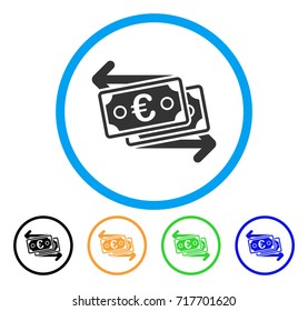Euro Banknotes Change icon. Vector illustration style is a flat iconic euro banknotes change grey rounded symbol inside light blue circle with black, green, blue, yellow color variants.