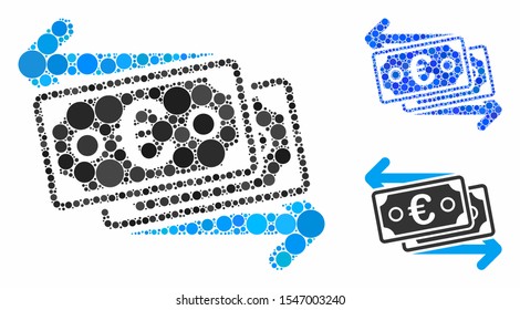 Euro banknotes change mosaic of round dots in variable sizes and color tints, based on Euro banknotes change icon. Vector round dots are united into blue illustration.