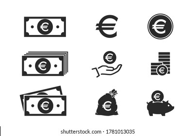 euro banknotes, coins, cash and money icons. financial and banking infographic elements and symbols for web design svg