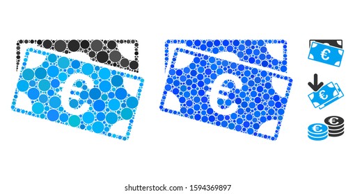 Euro banknotes composition of round dots in different sizes and shades, based on Euro banknotes icon. Vector round dots are organized into blue collage.