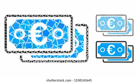 Euro banknotes composition of rugged pieces in variable sizes and color tints, based on Euro banknotes icon. Vector rugged dots are grouped into collage.
