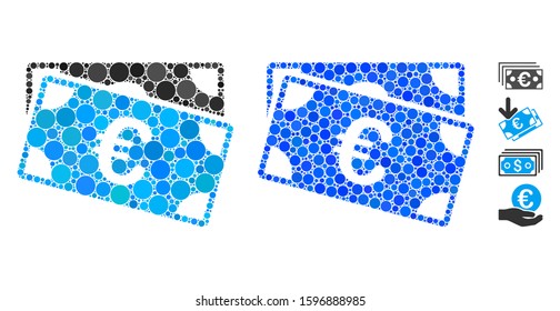 Euro banknotes composition of small circles in variable sizes and color tinges, based on Euro banknotes icon. Vector random circles are composed into blue composition.