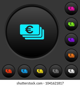 Euro banknotes dark push buttons with vivid color icons on dark grey background