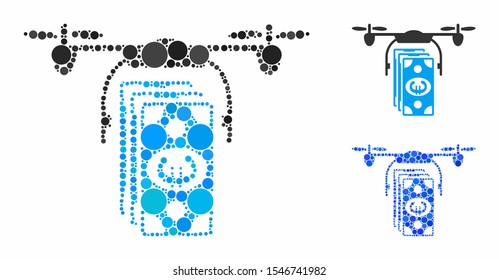 Euro banknotes drone composition of filled circles in different sizes and color hues, based on Euro banknotes drone icon. Vector filled circles are grouped into blue composition.