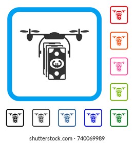 Euro Banknotes Drone icon. Flat grey iconic symbol inside a light blue rounded squared frame. Black, gray, green, blue, red, orange color versions of Euro Banknotes Drone vector.