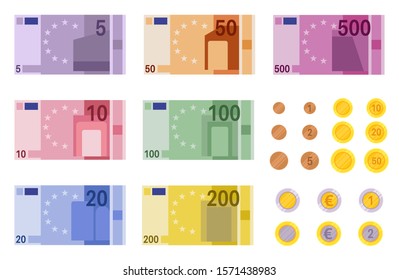Euro banknotes. European banks paper dollar money and coins of different denominations, business banking vector finance element