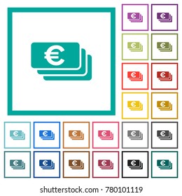 Euro banknotes flat color icons with quadrant frames on white background