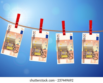 Euro banknotes hanging on a clothesline against a sky.