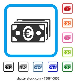 Euro Banknotes icon. Flat gray pictogram symbol inside a light blue rounded frame. Black, gray, green, blue, red, orange color additional versions of Euro Banknotes vector.