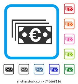 Euro Banknotes icon. Flat grey iconic symbol in a blue rounded frame. Black, gray, green, blue, red, orange color versions of Euro Banknotes vector. Designed for web and software UI.