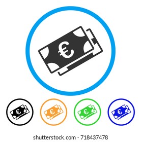Euro Banknotes icon. Vector illustration style is a flat iconic Euro banknotes gray rounded symbol inside light blue circle with black, green, blue, yellow color variants.