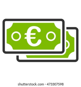 Euro Banknotes icon. Vector style is bicolor flat iconic symbol with rounded angles, eco green and gray colors, white background.