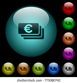 Euro banknotes icons in color illuminated spherical glass buttons on black background. Can be used to black or dark templates