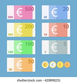 Euro Banknotes. Money Coins. Simple, Flat Style. Graphic Vector Illustration.