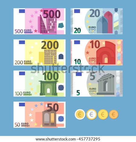 Euro banknotes. Money coins. Simple, flat style. Graphic vector illustration.