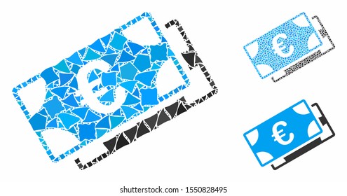 Euro banknotes mosaic of inequal items in various sizes and color tinges, based on Euro banknotes icon. Vector inequal items are organized into collage.