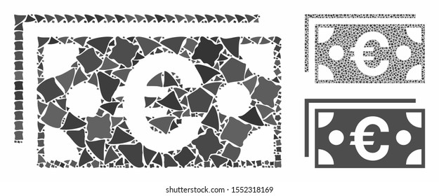 Euro banknotes mosaic of raggy elements in variable sizes and color tinges, based on Euro banknotes icon. Vector bumpy items are combined into collage.