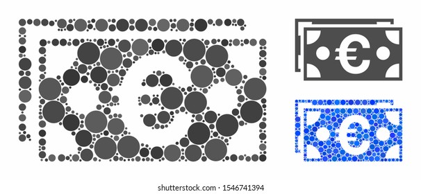 Euro banknotes mosaic of round dots in various sizes and color tints, based on Euro banknotes icon. Vector round dots are organized into blue illustration.