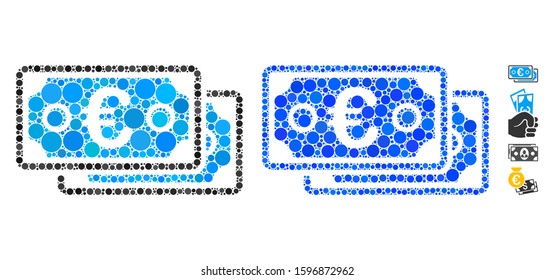 Euro banknotes mosaic of round dots in various sizes and color hues, based on Euro banknotes icon. Vector round dots are united into blue illustration.