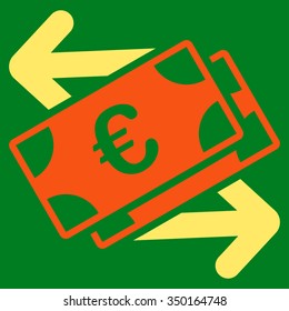 Euro Banknotes Payments vector icon. Style is bicolor flat symbol, orange and yellow colors, rounded angles, green background.