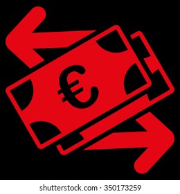 Euro Banknotes Payments vector icon. Style is flat symbol, red color, rounded angles, black background.