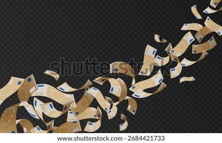 Euro banknotes pile falling. Throw paper bills fly. Realistic cartoon money cash, European currency flight on wind blow. Business and finance vector symbol. Bank payment dynamic scattered