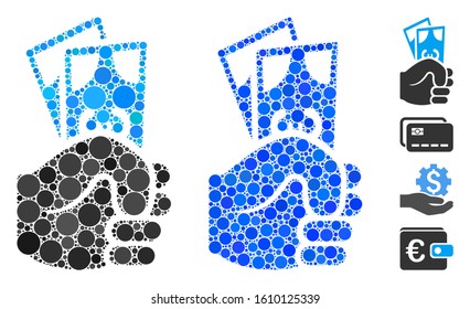 Euro banknotes salary composition of circle elements in various sizes and color hues, based on Euro banknotes salary icon. Vector circle elements are organized into blue mosaic.