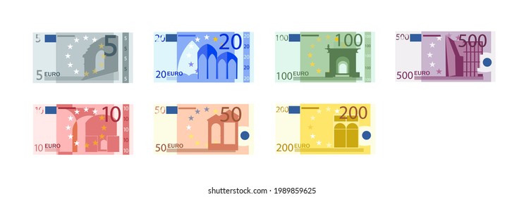 Euro banknotes set. Paper money. Simple, flat style. Vector illustration