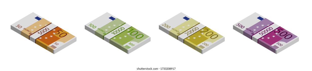 Euro banknotes stacks of 500, 200, 100 and 50. Isometric view on a white background