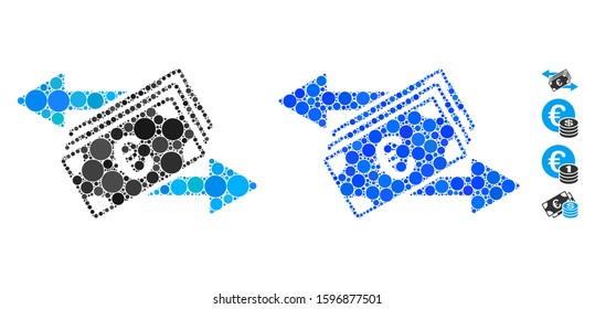 Euro banknotes transfers composition of circle elements in variable sizes and shades, based on Euro banknotes transfers icon. Vector round elements are organized into blue composition.