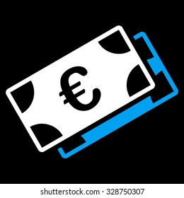 Euro Banknotes vector icon. Style is bicolor flat symbol, blue and white colors, rounded angles, black background.