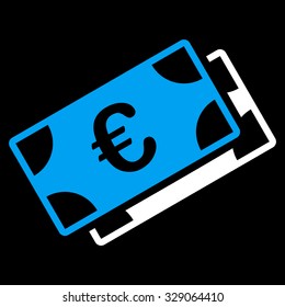 Euro Banknotes vector icon. Style is bicolor flat symbol, blue and white colors, rounded angles, black background.
