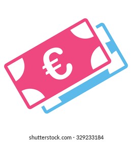 Euro Banknotes vector icon. Style is bicolor flat symbol, pink and blue colors, rounded angles, white background.