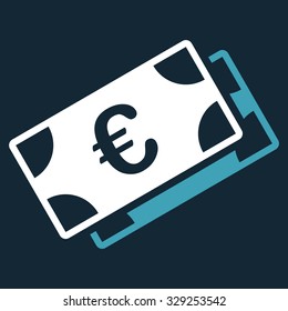 Euro Banknotes vector icon. Style is bicolor flat symbol, blue and white colors, rounded angles, dark blue background.